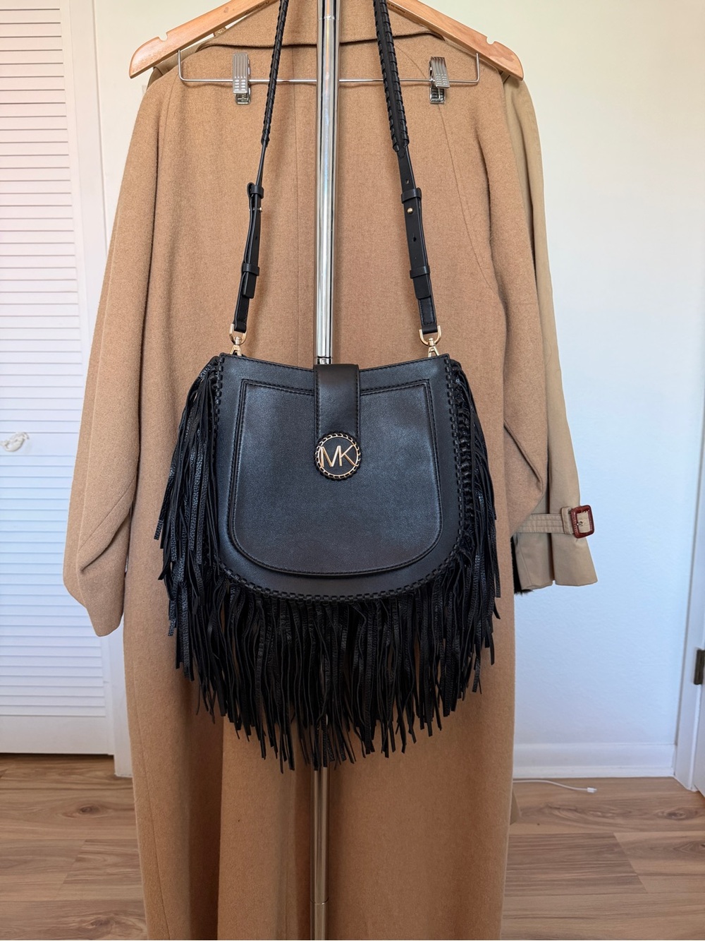 Michael Kors Lillie Black Leather Fringe Shoulder Bag